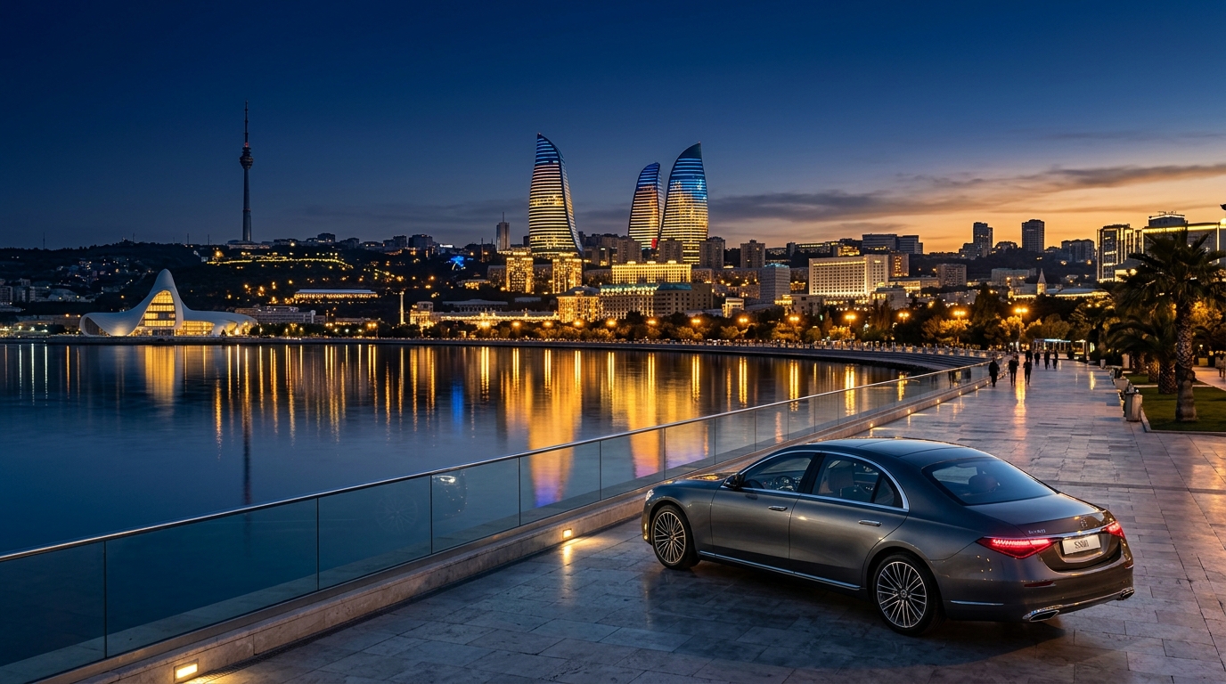 Baku Flame Towers Illuminated over the Caspian Sea at Twilight