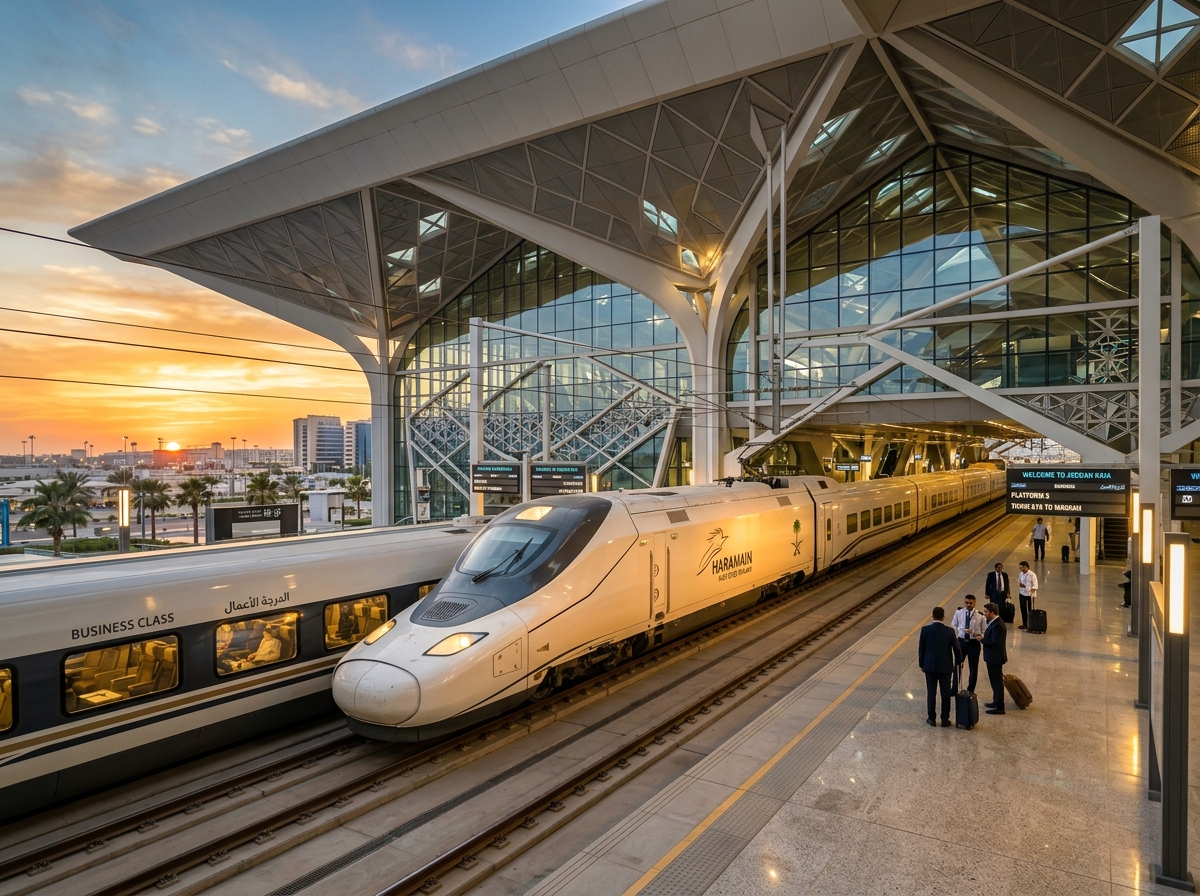 Modern Haramain bullet train with golden tint